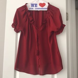 Joie Button-Up Tassel Blouse with Frill Detail